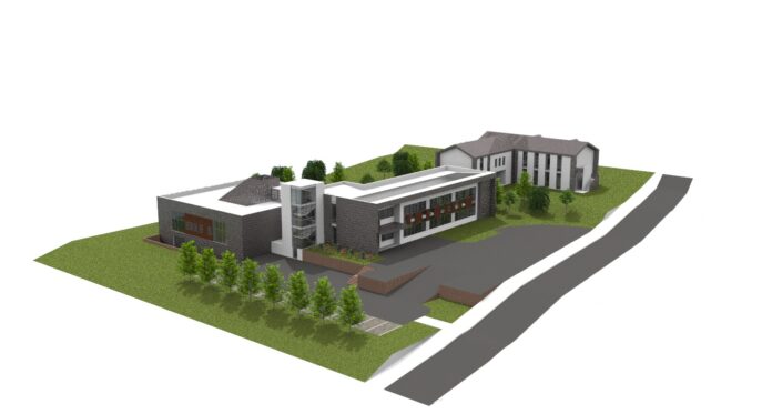 Rendering progetto complessivo Della Rovere Urbania con corpo laboratori, aule e convitto