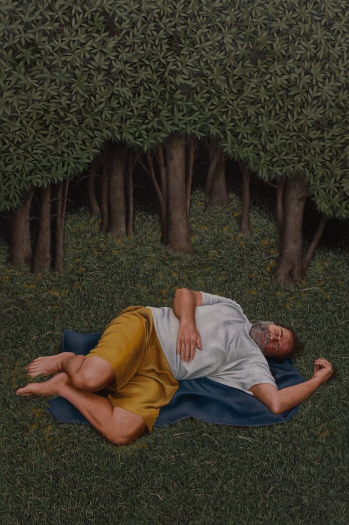 Sciortino Giuseppe - Ugo sogna se stesso che dorme nel giardino della vicina-Olio su tavola-cm 40x60
