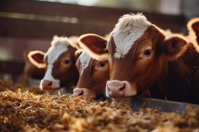Close up of calves on an animal farm eating food—meat industry concept.