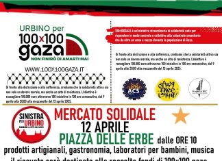Sabato 12 aprile (questa mattina) a piazza delle Erbe (Urbino) dalle 10 il mercato solidale 100x100Gaza
